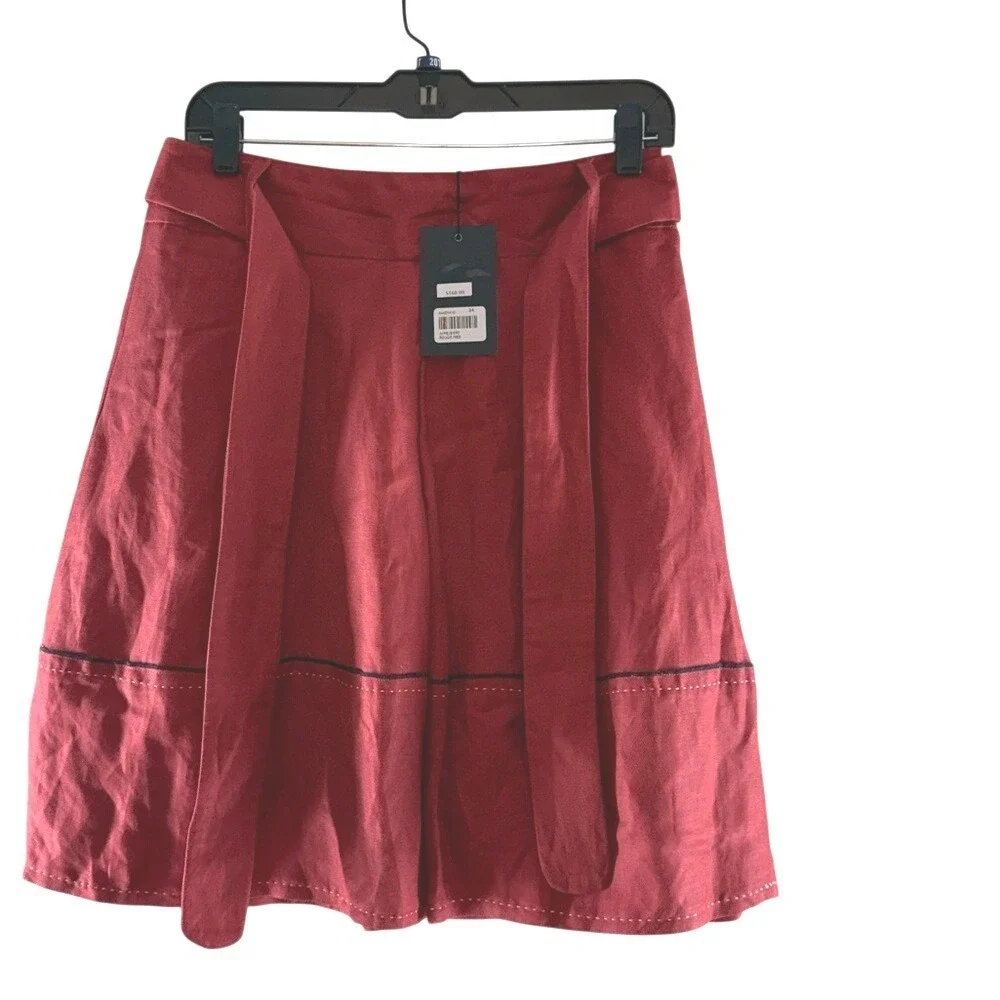 NWT Sandra Angelozzi Red Rust Linen Blend A-Line Midi Skirt w/ Belt Sz 4 US EU34